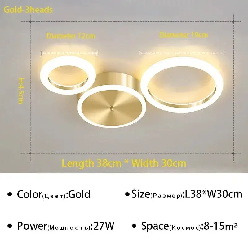 Decorbites led gold ring chandelier with three circular rings and brushed metallic finish for living room and dining room