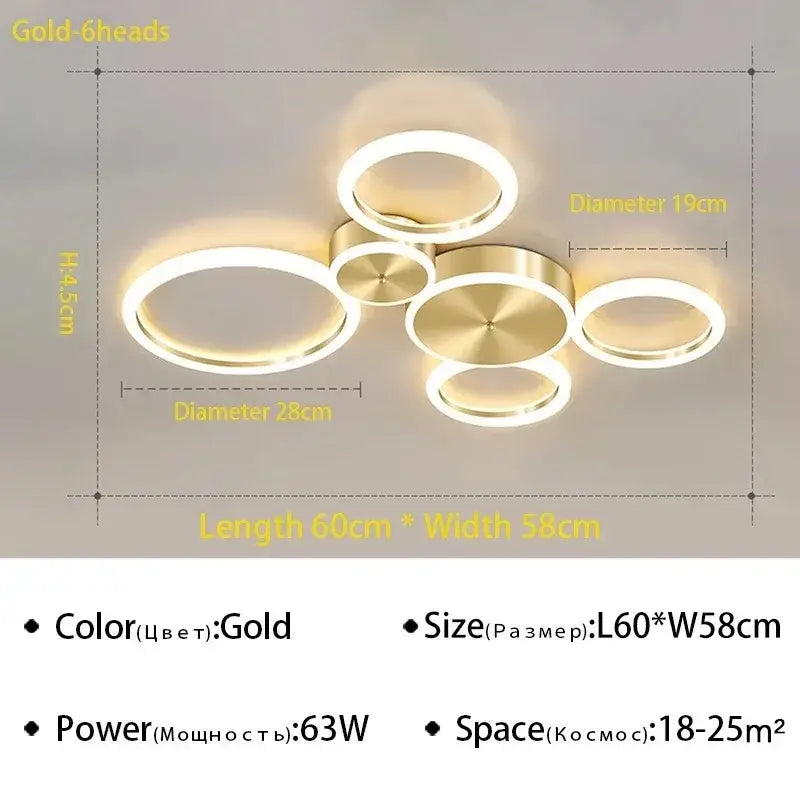 Decorbites led gold ring chandelier with six circular gold rings and minimalist design for living room lighting