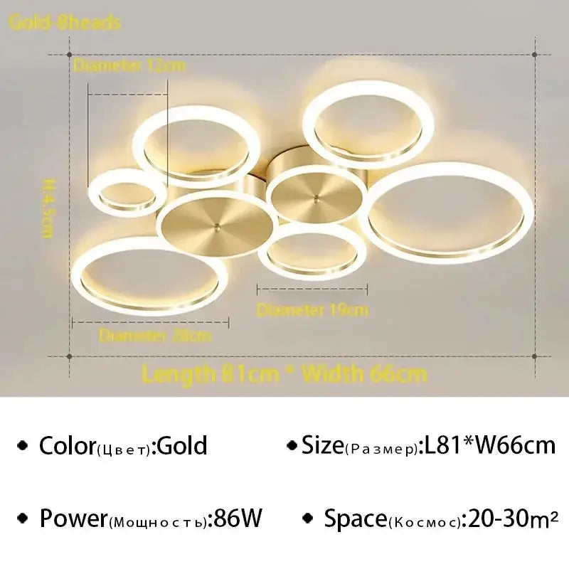 Decorbites led gold ring chandelier featuring gold circular led ceiling light with overlapping ring-shaped bulbs for modern rooms