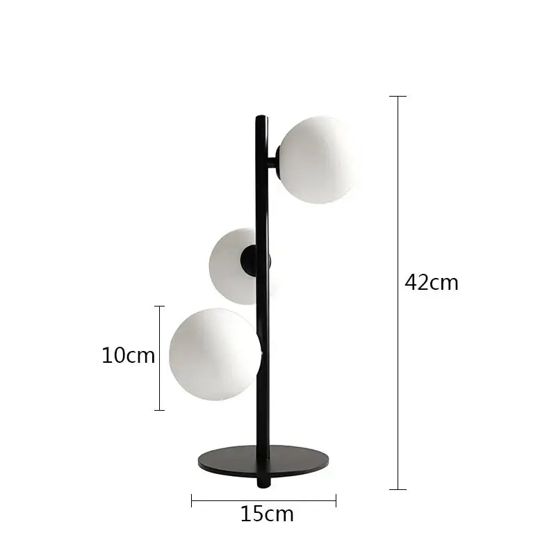 Modern black metal table lamp with three frosted milk white glass lampshades by DecorBites™ for elegant lighting