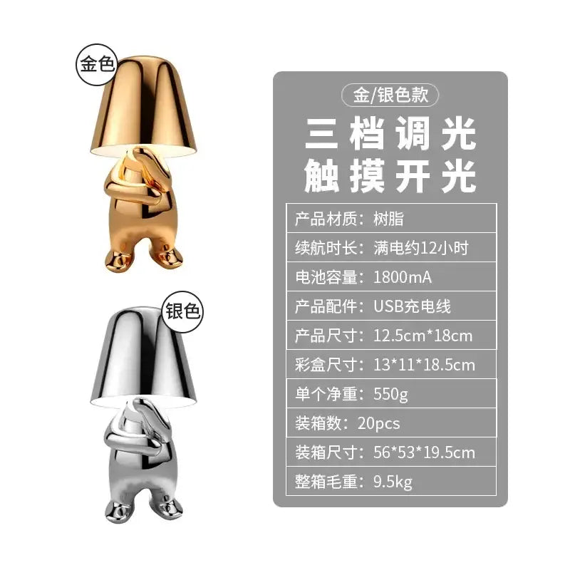 Decorbites led golden boy table lamp with golden and silver metallic resin figurine and touch-activated lampshade light