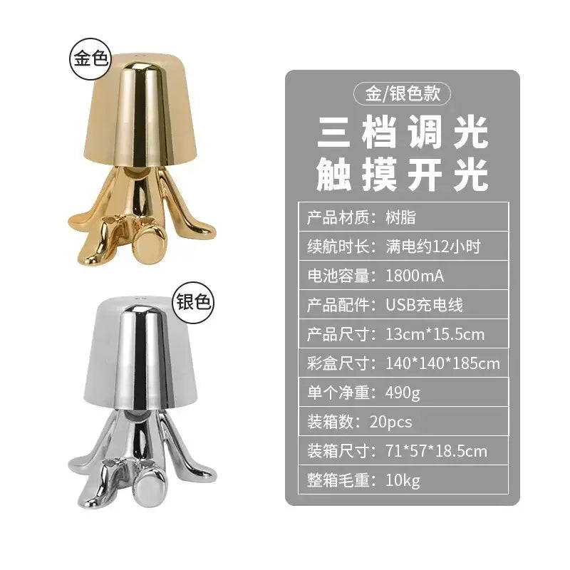 Gold-colored glossy resin decorbites led golden boy table lamp with inverted bell top and four stylized leg supports