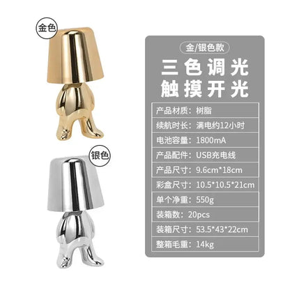 Gold and silver metallic decorbites led golden boy table lamps with glossy resin finish and inverted bucket light fixture