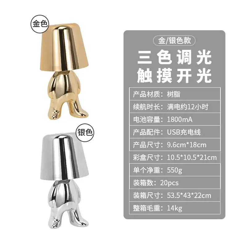 Gold and silver metallic decorbites led golden boy table lamps with glossy resin finish and inverted bucket light fixture