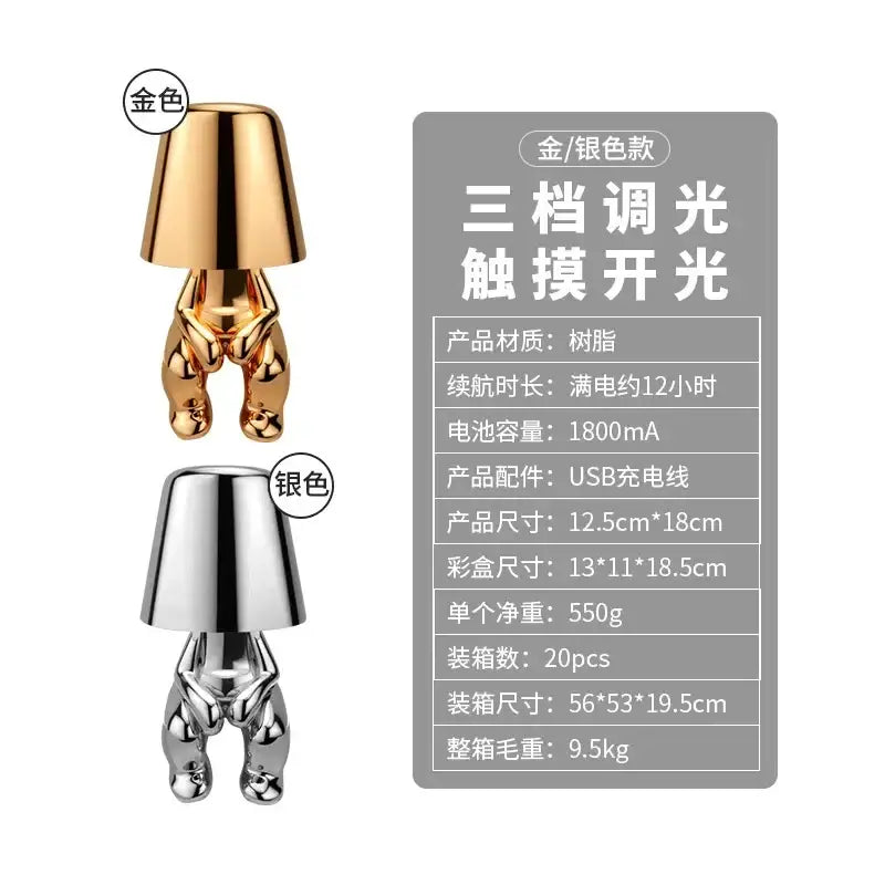 Decorbites led golden boy table lamp with golden and silver metallic resin body and inverted bucket-shaped shade