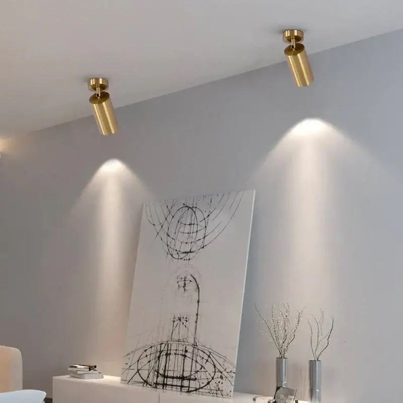 Two gold-finished cylindrical spotlights with adjustable heads mounted on ceiling for decorbites led golden ceiling light