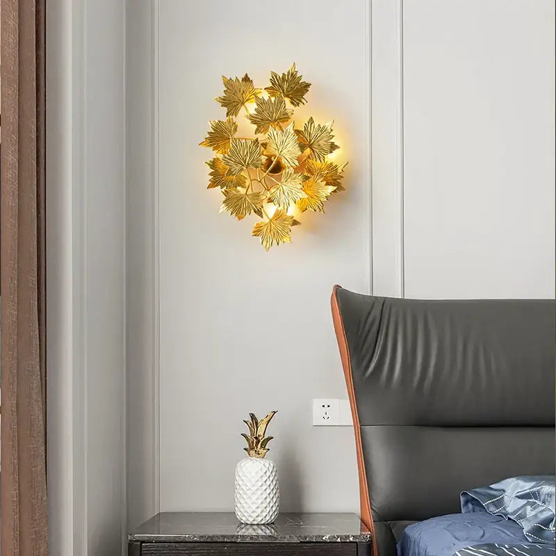 DecorBites™ led golden maple wall sconce shaped like a golden leaf with warm glowing light for bedroom and corridor