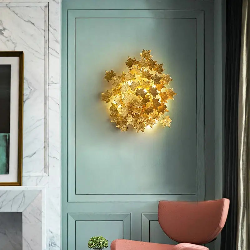 Golden leaf-shaped decorbites led golden maple wall sconce with warm glowing light for bedroom and corridor