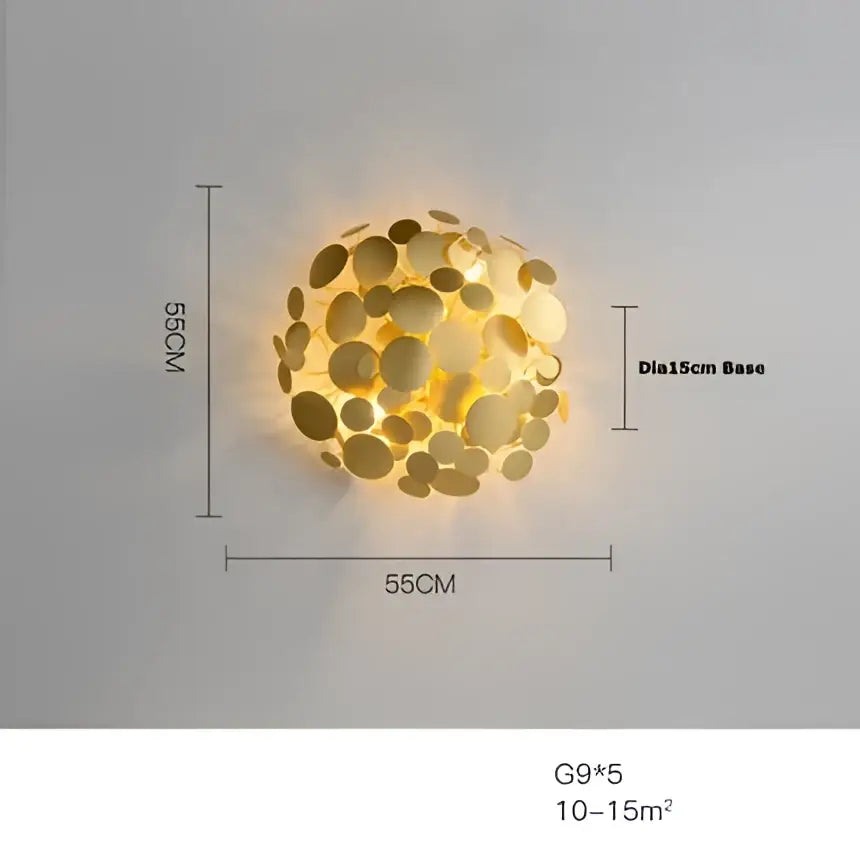 Decorbites led golden wall sconce with spherical overlapping metal discs in gold for bedroom and corridor lighting