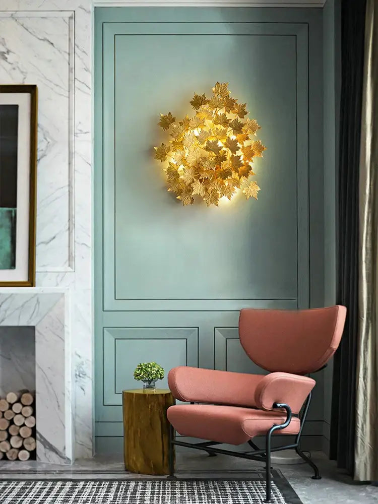 Decorbites led golden maple leaves wall sconce with warm glowing light for bedroom and corridor decor