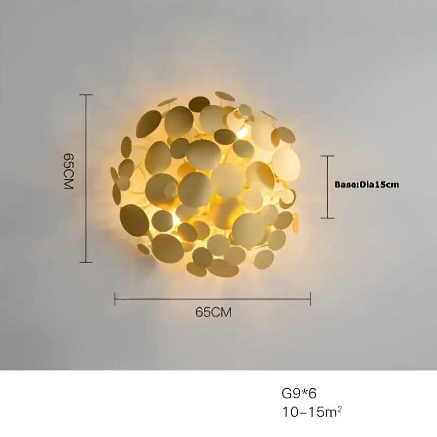 Gold-colored spherical wall sconce with overlapping circular metal discs by decorbites led golden maple for bedroom and corridor