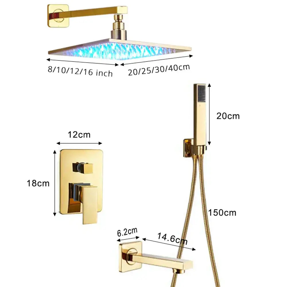 Gold-finished square rain shower head with blue led lighting in DecorBites™ shower faucet set for modern bathroom