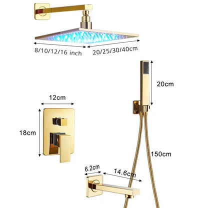 Gold-finished square rain shower head with blue led lighting in DecorBites™ shower faucet set for modern bathroom