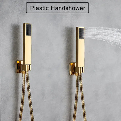 Decorbites™ led golden shower faucet set with gold-finished rectangular handshower heads and flexible braided hoses