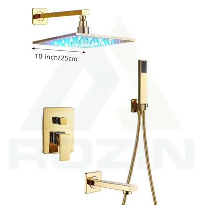 DecorBites™ LED golden shower faucet set with 10-inch square rainhead, blue LED lighting, handheld shower, and wall controls