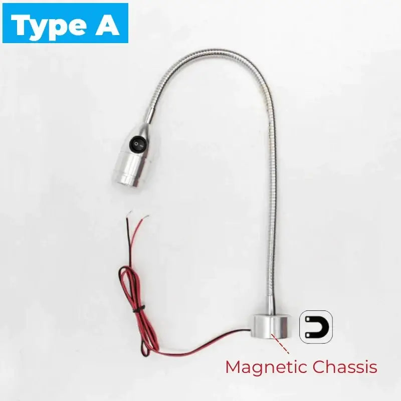 Silver decorbites led gooseneck work light with magnetic base, exposed wiring, and switch for industrial use