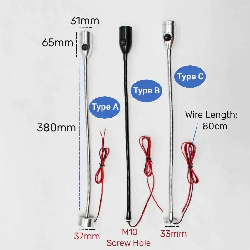 Three DecorBites LED gooseneck work lights with metallic heads and black or silver stems for industrial work light use