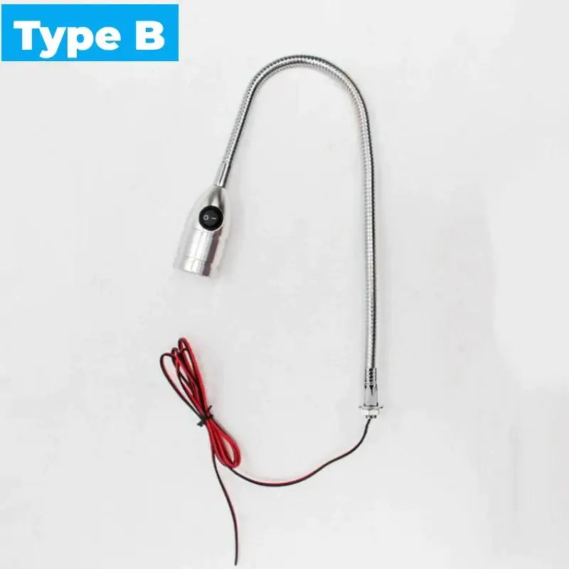 Silver flexible decorbites led gooseneck work light with black power button and red and black wiring for industrial use