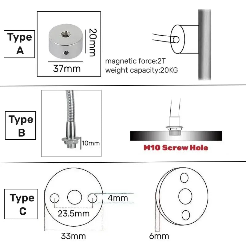 Silver cylindrical magnetic mounting bracket with threaded hole for decorbites led gooseneck work light installation