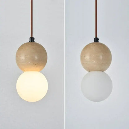 Minimalist decorbites led gourd pendant light with beige stone and white glass globes suspended by copper cord
