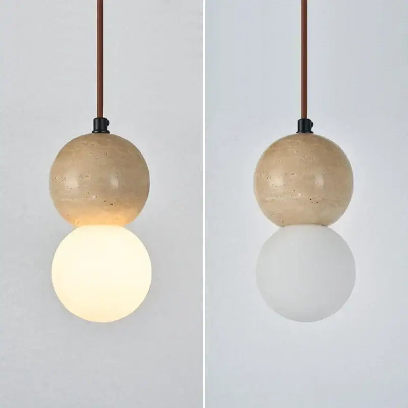 Minimalist decorbites led gourd pendant light with textured yellow travertine sphere and smooth white glass globe