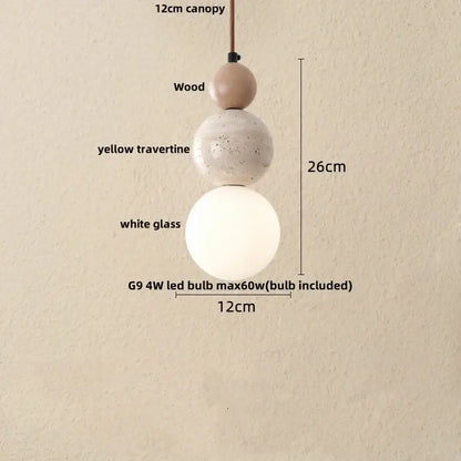 Decorbites led gourd pendant light featuring a wooden canopy with yellow travertine and white glass globe