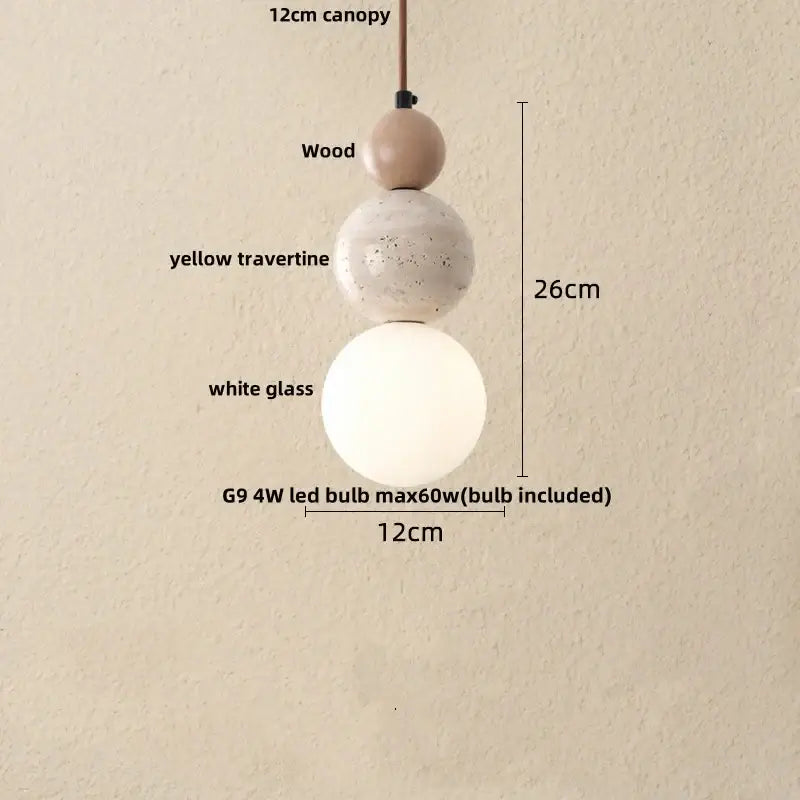 Decorbites led gourd pendant light featuring a wooden canopy with yellow travertine and white glass globe
