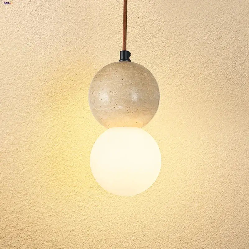 Modern pendant light with two stacked shades in yellow travertine concrete and white glass decorbites led gourd pendant