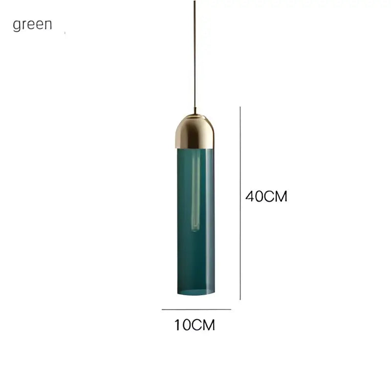 Teal-green cylindrical decorbites led green pendant light with brass cap made of glass for kitchen bar lighting