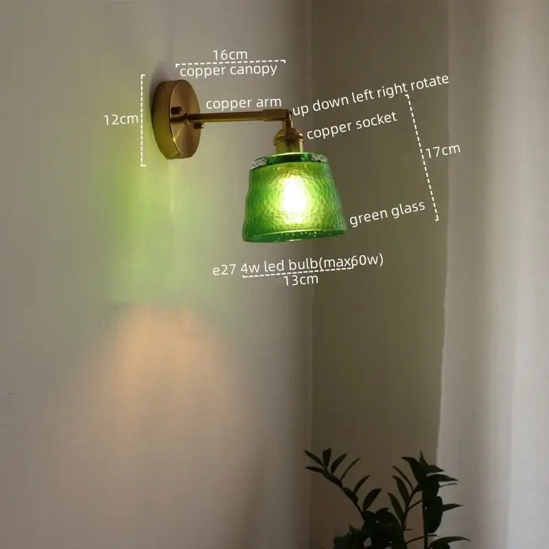 A vintage-style decorbites led green glass wall light with textured shade and brass-finished copper for home decor
