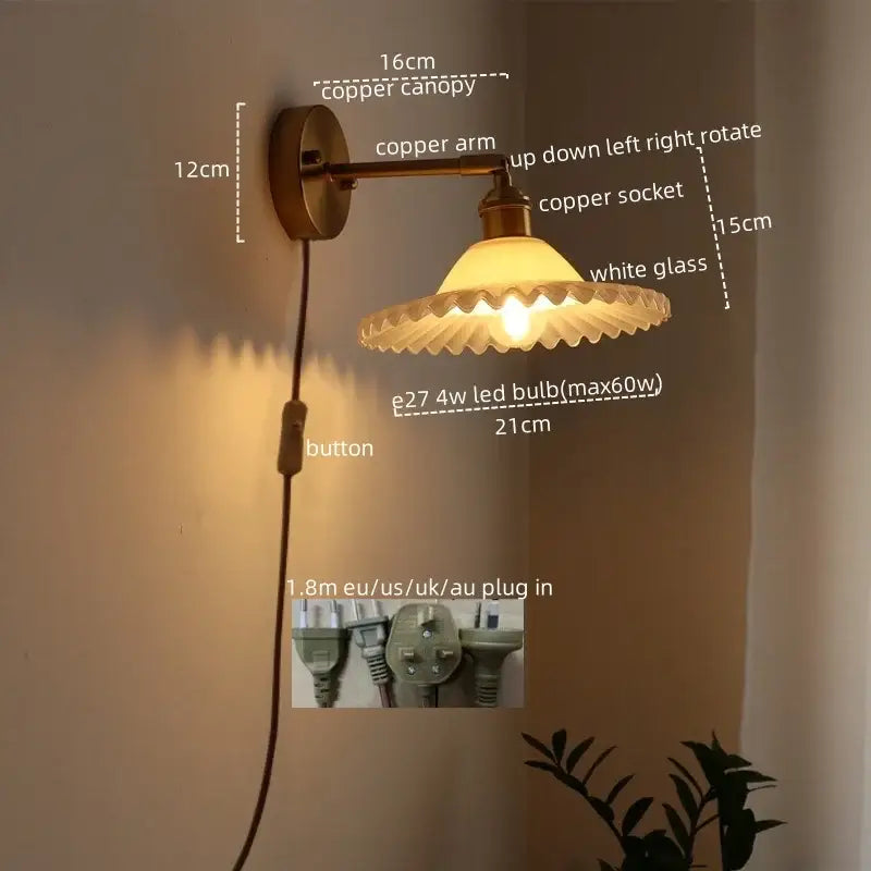 Copper wall light with white glass shade and adjustable arm for decorbites led green glass bedroom and living room decor