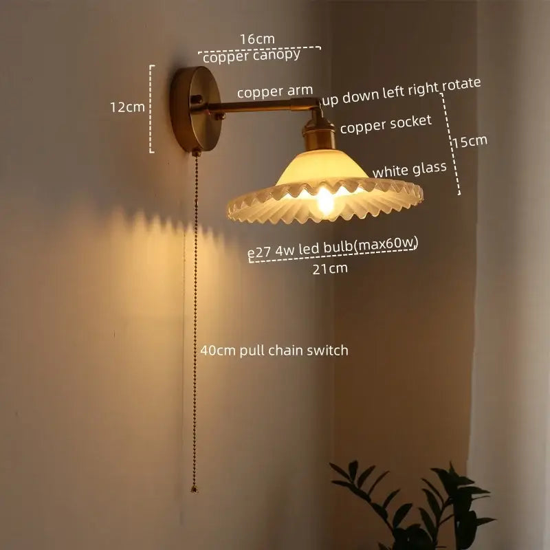 Vintage-style DecorBites LED green wall light with brass copper arm and white fluted glass shade for Japanese-style decor