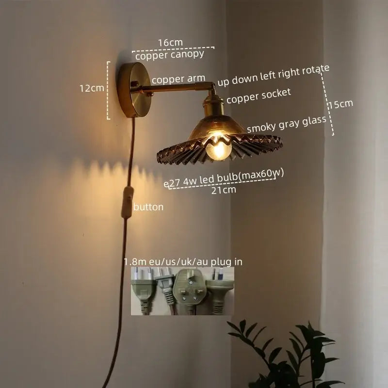 Decorbites led green glass wall light with copper sconce and smoky gray adjustable arm for bedroom and living room decor