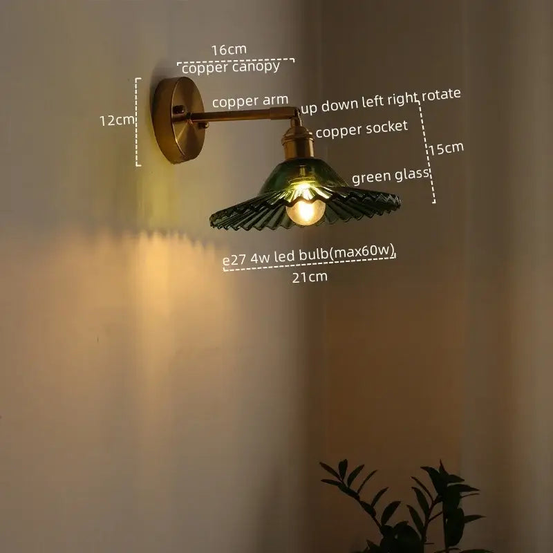 Vintage-style decorbites led green glass wall light with copper adjustable arm for bedroom and living room decor