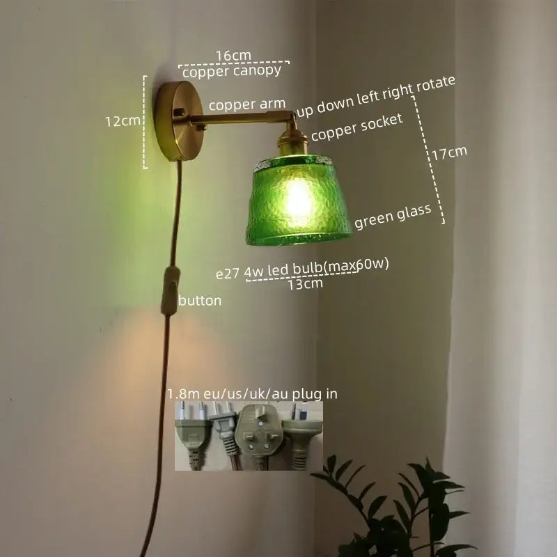 Copper wall light decorbites led green with green glass shade for home decor bedroom and living room lighting