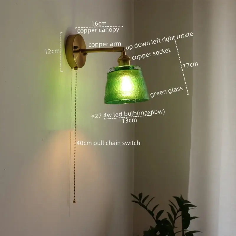 Decorbites led green glass wall light with textured green glass and copper arm for bedroom and living room decor