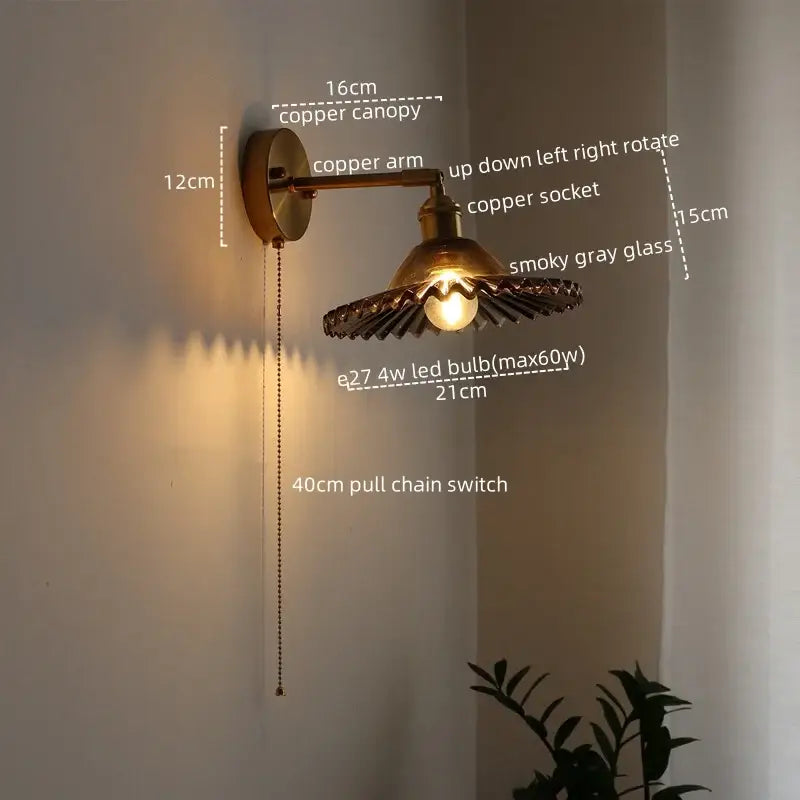 Copper wall light by DecorBites led green glass with smoky gray shade and fluted design for bedroom and living room decor