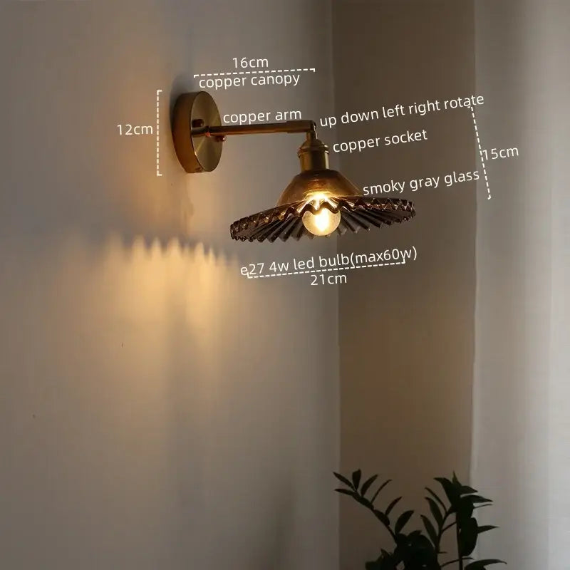 Copper wall sconce with smoky gray glass shade and adjustable arm for decorbites led green glass wall light