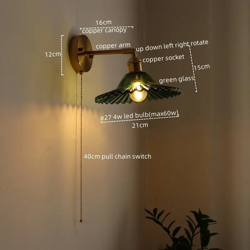 Vintage-style decorbites led green wall light with copper arm and green glass shade for bedroom and living room decor