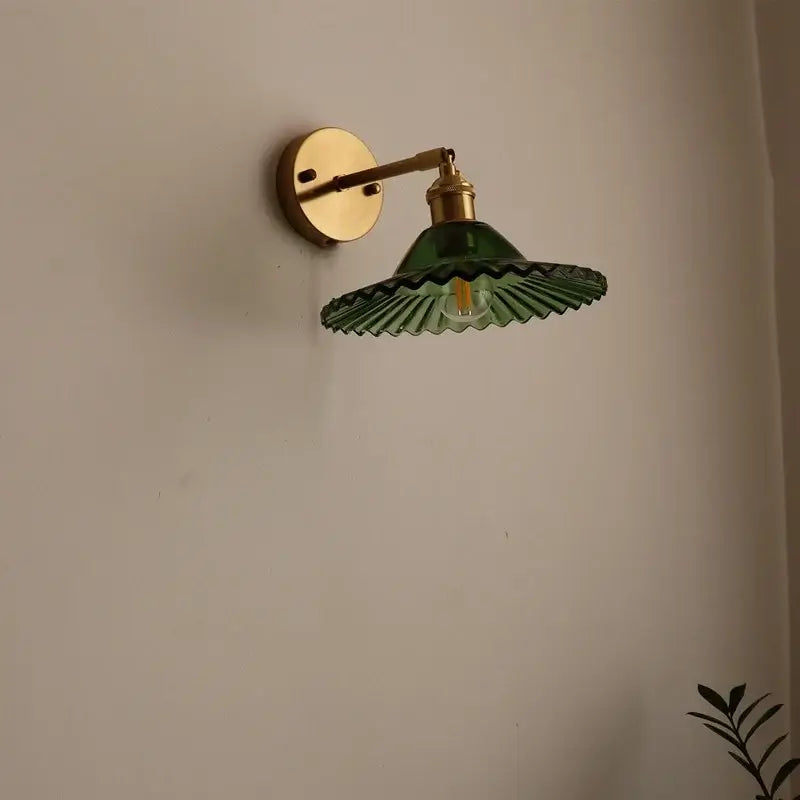 DecorBites™ LED green glass wall light with fluted petal shade and brass arm for bedroom and living room decor