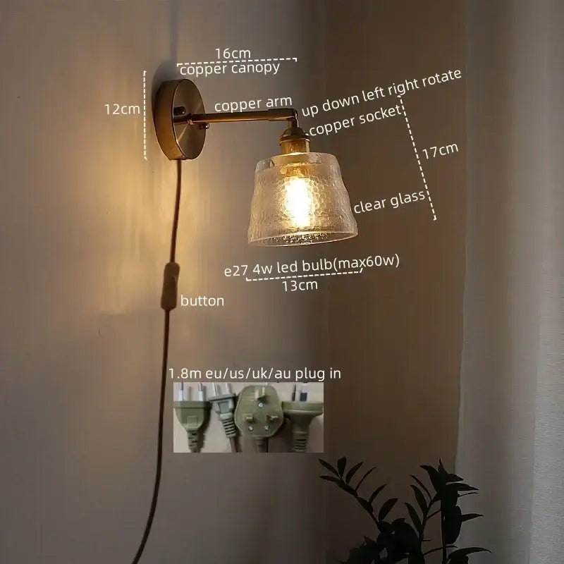 Copper wall light decorbites led green with textured clear glass shade and adjustable arm for bedroom and living room