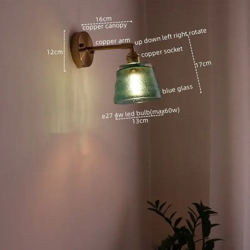 Copper wall light with blue glass shade by decorbites led green for japanese style bedroom and living room decor