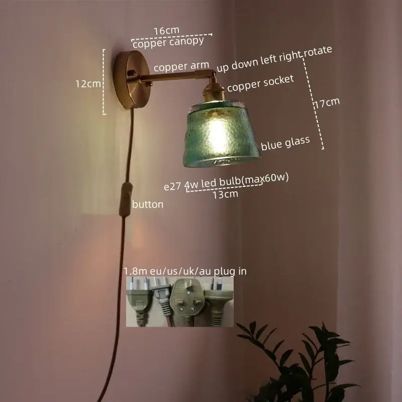 Copper wall sconce with a blue glass shade for decorbites led green glass wall light in bedroom and living room decor