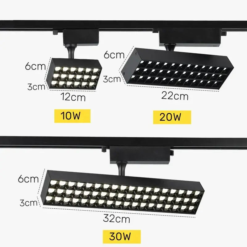 Black DecorBites LED grille track light featuring varying lengths and wattages for clothing store ceiling lighting