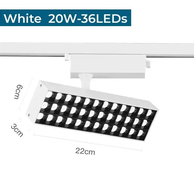 White rectangular DecorBites LED grille track light with 36 LEDs for bright ceiling illumination in clothing stores