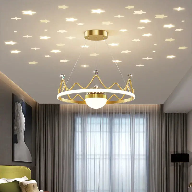 Gold crown-shaped led gypsophila chandelier pendant light with white circular ring and central bulb for modern decor