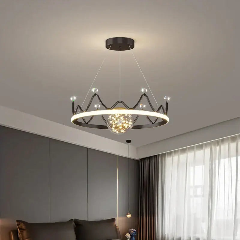 Black crown-shaped led gypsophila chandelier with glowing ring and illuminated crystal sphere for modern living room decor