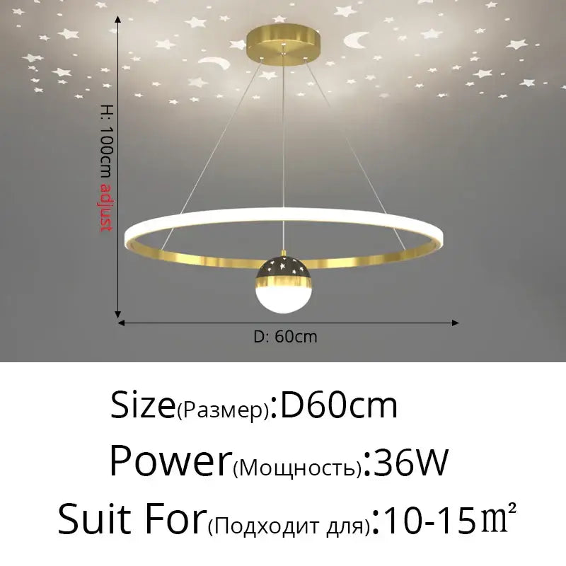 Gold and white led gypsophila chandelier pendant light with circular frame and star patterned spherical lampshade