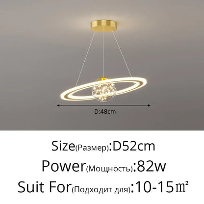 Gold-toned led gypsophila chandelier with two concentric rings and central crystal sphere for modern living rooms