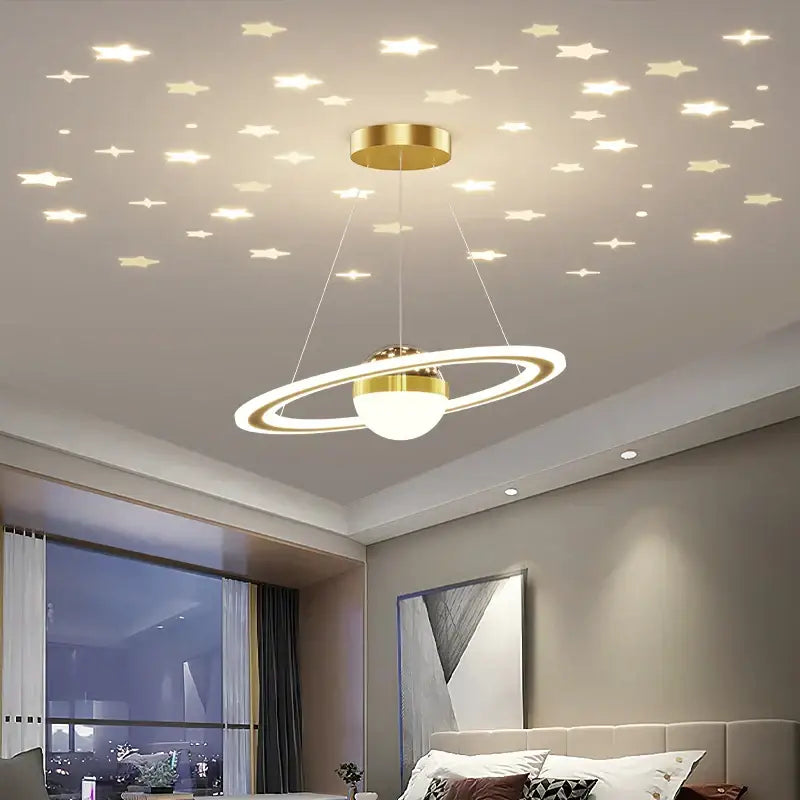 Decorbites led gypsophila chandelier gold-toned planetary pendant light with glowing white globe and concentric rings